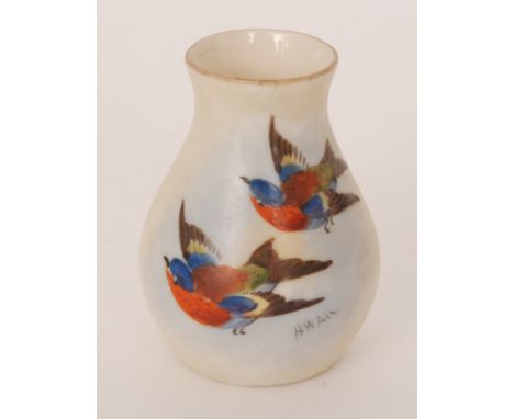 A Locke & Co, Worcester vase of compressed ovoid decorated with three bullfinches in flight, black printed mark, height 6cm