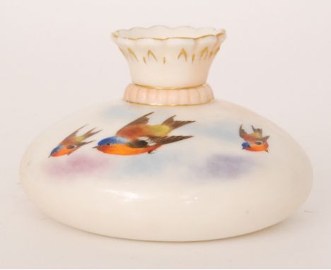 A small Locke & Co, Worcester vase decorated by H. Wall with two hand painted swallows in flight, signed, green printed mark,