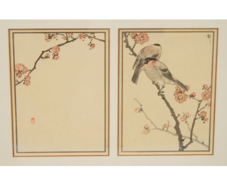 JAPANESE SCHOOL, 20TH CENTURY - Birds on a cherry bough, woodblock print, framed as a diptych, 20cm x 14.5cm also thirteen ot
