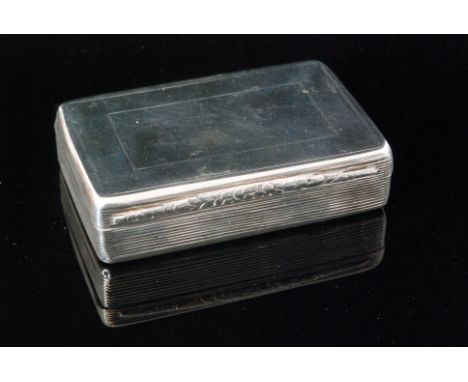 An early Victorian hallmarked silver snuff box of rectangular outline with cast floral thumb plate, the hinged lid opening to