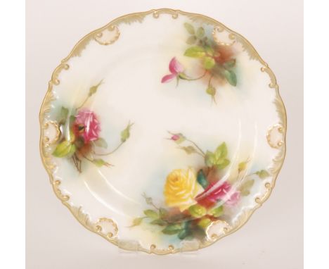 A Royal Worcester cabinet plate decorated by May Blake with hand painted Hadley roses, signed, puce mark with date code for 1