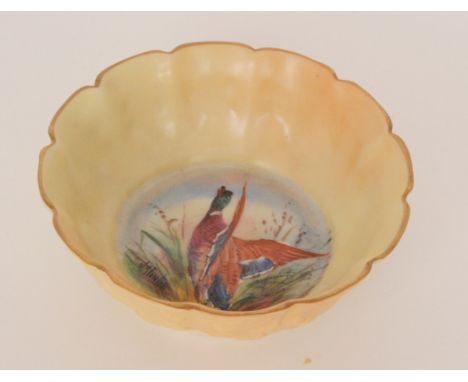 A Locke & Co, Worcester shallow bowl decorated by W. Stinton with a hand painted mallard about to take flight amidst grasses,