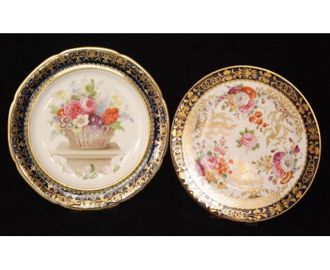 Two 19th Century cabinet plates, the first decorated with hand painted floral sprays with gilt foliage and repeat patterns, t