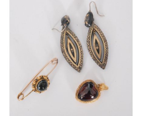 A pair of Victorian tortoise shell pendant earrings with gilt foliate decoration together with a Victorian banded agate and e