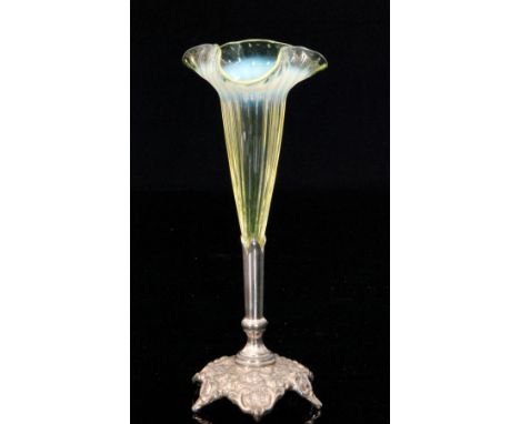 A late 19th Century single flute epergne, possibly John Walsh Walsh, the trumpet in canary opalescent, set to an EPNS stand, 