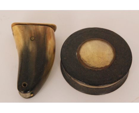 A 19th Century circular horn snuff box inset with a circular gilt panel depicting the Virgin Mary together with a similar hor