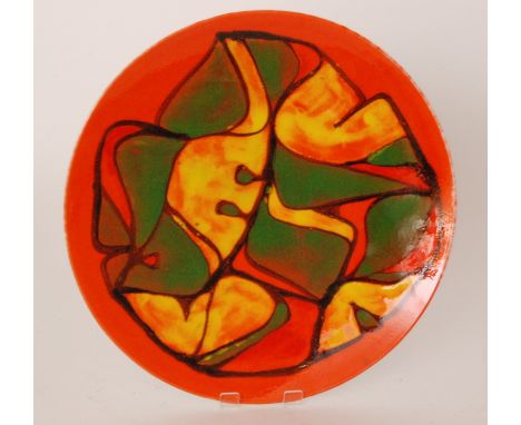A Poole Pottery Delphis shape 5 shallow charger decorated in the typical manner with a bright green and yellow abstract patte