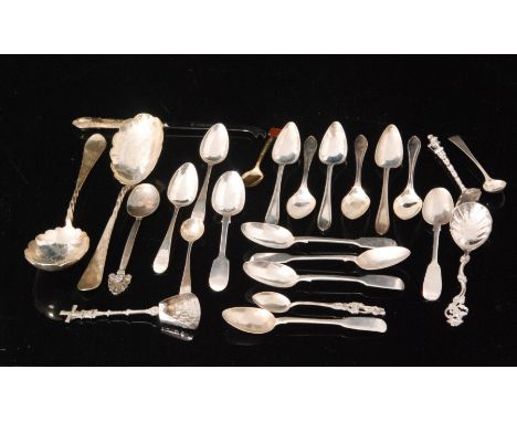 A parcel lot of assorted hallmarked silver and white metal flatware to include a set of six silver grapefruit spoons, a pair 