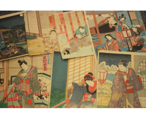 UTAGAWA TOYOKUNI (1769-1825) - A geisha on a terrace holding a teapot, woodblock print, unframed, 36cm x 24cm also a quantity