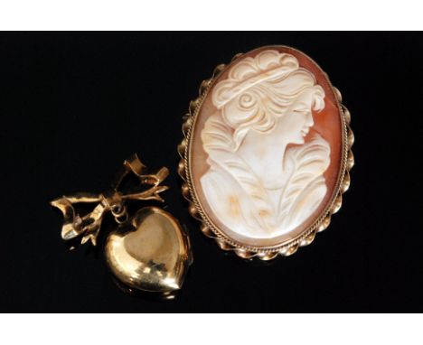 A modern 9ct mounted oval cameo brooch, head and shoulder portrait of a lady, together with a 9ct hallmarked bow brooch and s