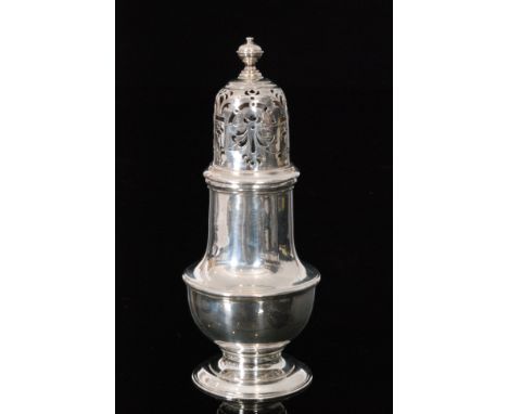 A George I hallmarked silver sugar caster of baluster form, plain body below pierced cover and urn finial, height 14cm, Londo