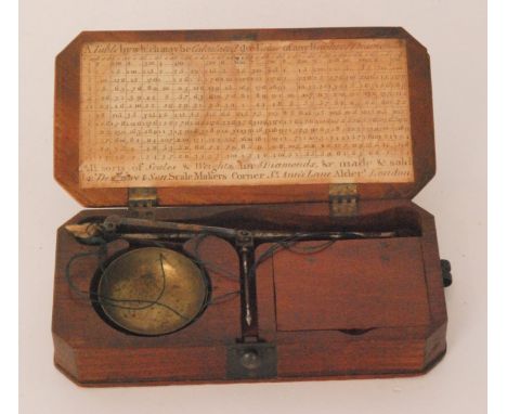 A 19th Century cased set of brass diamond scales and weights, the canted rectangular oak case opening to printed chart to lid