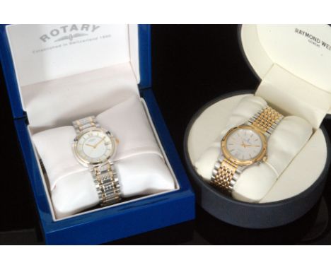 Two gentleman's quartz wrist watches to include a Rotary example with white enamel dial, gilt Roman numerals and date apertur