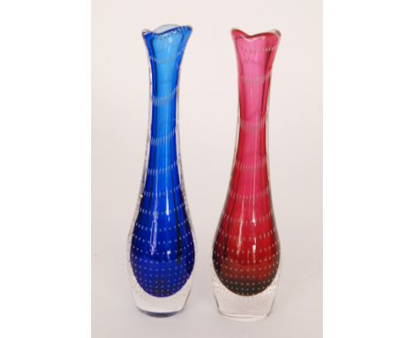 A pair of mid 20th Century Scandinavian vases, each of slender pulled form with lobed rims and a repeat airbubble design, one