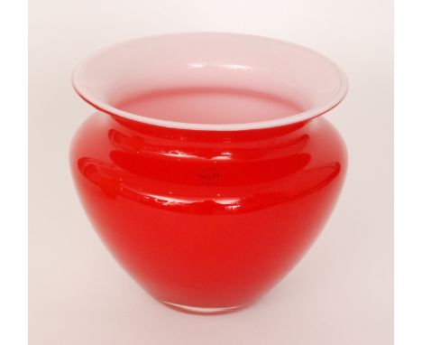 A contemporary Italian Murano glass vase by C. Nason of tapering form with a wide open neck cased in red over an opal interio