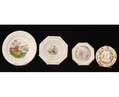 Four 19th Century Staffordshire plates, the first relief moulded with the alphabet and decorated with a transfer applied hunt