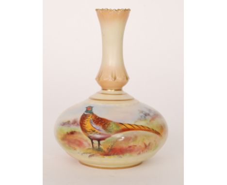 A Locke & Co, Worcester vase of globe and shaft form decorated by W. Stinton with a hand painted pheasant, signed, green prin