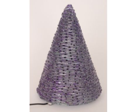 A large contemporary glass table lamp of conical form constructed from layered fragments of glass with a purple iridescent fi