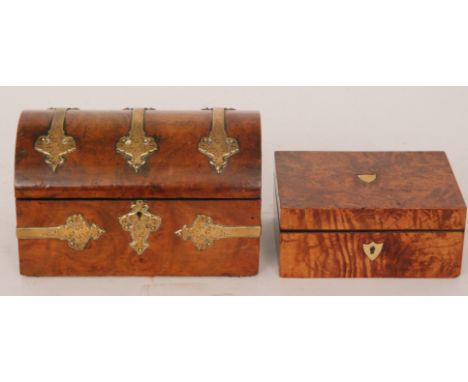 A Victorian walnut dome topped tea caddy with decorative brass strapwork detail, width 21.5cm, together with a small walnut j