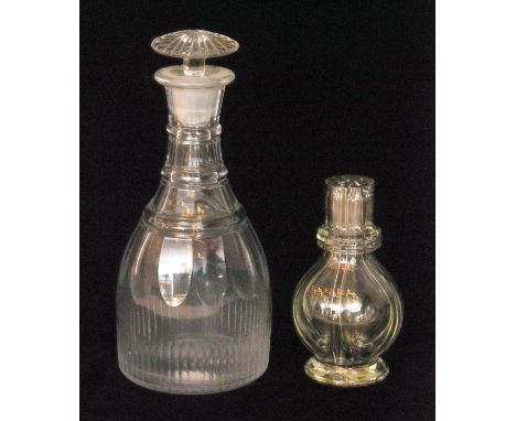 A late Georgian Prussian form decanter with basal cutting below a slice and mitre cut shoulder with radial cut mushroom form 