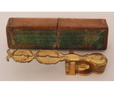 A set of 19th Century Harrison's Improved Sovereign Balance Scales, the gilt brass sovereign and half sovereign scales contai