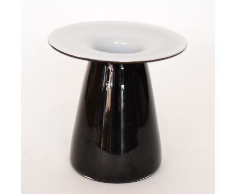 A contemporary Italian Murano glass vase of tapered cylindrical form with wide flat rim, cased in black over opal, unmarked, 