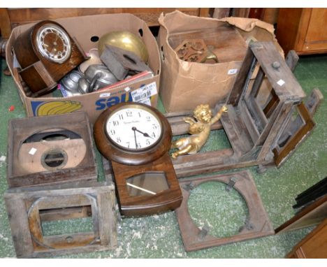 A Norman Dunton small oak wall clock, along with various horological supplies; a magic lantern bellows platform; quantity (tw