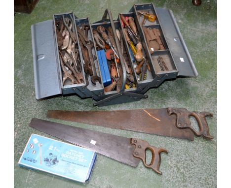 Carpentry Tools - hand saws, toolbox, vice, pliers, hand drill; etc (two boxes) 