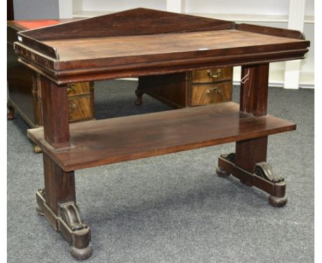 A mahogany rise and fall buffet, three quarter architectural gallery. 