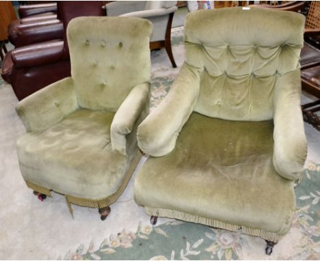 A Victorian  button back armchair, padded arms, stuffed overseat, turned forelegs, ceramic casters; another, scrolling arms, 