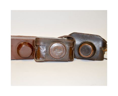 Ever Ready Cases, brown leather, for Leica Screw cameras, two by Leitz and one other example