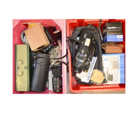 Two Boxes of Cameras Accessories and Lenses, including a boxed Voigtlander Vitoret 110EL, a Sharp camcorder, various lenses b