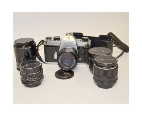 A Asahi Pentax SP II SLR Camera,  chrome, shutter working, with a Takumar 55mm f/1.8 lens, and Super-Takumar lenses; a 28mm f