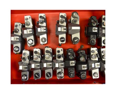 A Tray of Praktica Camera Bodies, models include MTL 50, Electronic BMS,TL 5B and other examples.