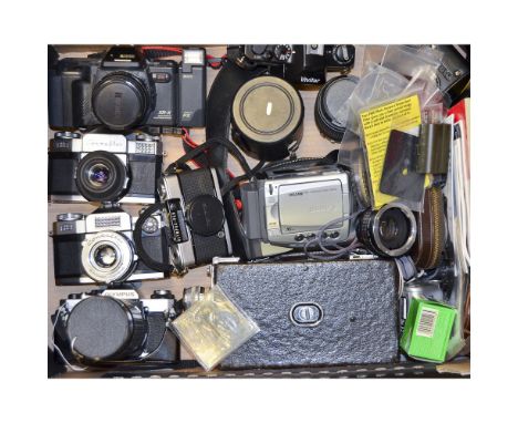 A Tray of Cameras and Related, including a Contaflex Super, a Contaflex Prima, an Olympus OM20, an Olympus Pen EE-3, a Vivita