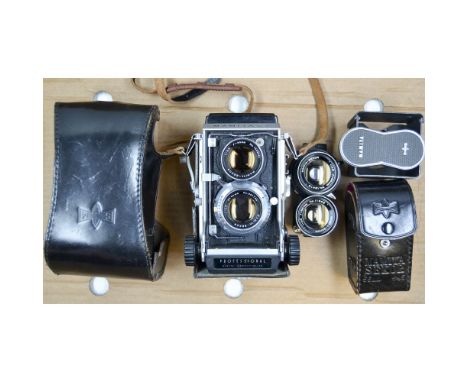 A Mamiya C3 Professional TLR Camera, with a Sekor 80mm f/2.8 lens, a Sekor 55mm f/4.5 lens and lens hood. 