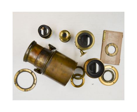 Brass Lantern Lenses including a French chrome and brass lens (rack and pinon missing) a focus magnifier, other unmarked lens