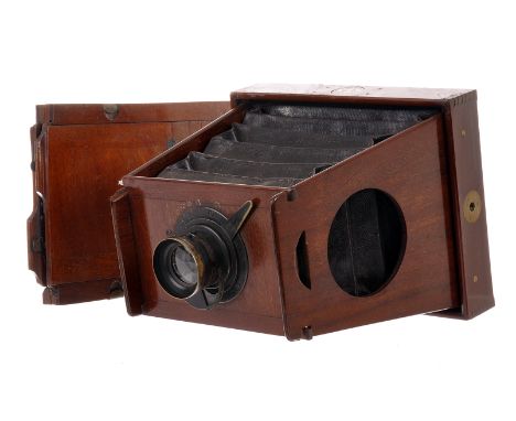 A J. F. Shew Eclipse Mahogany Strut Camera, 6”x4.5”, serial no. 3066, with Shew brass lens, serial no. 3066, body, G-VG, brea