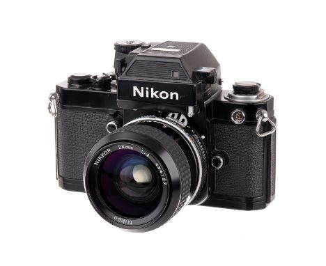 A Nikon F2SB SLR Camera, black, serial no. 7721471, with Nikkor AI f/2 28mm lens, black, serial no. 454137, body, G-VG, shutt