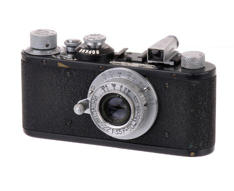 A Zorki Camera, Leica standard copy, black, serial no. 57142, with Industar-22 f/3.5 50mm lens, body, G, shutter working, len