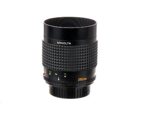 A Minolta RF Rokkor f/5.6 250mm Lens, black, serial no. 1024929, body, VG, elements, VG, some light internal haze to front, w