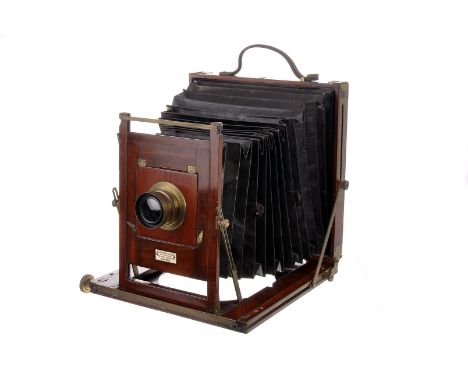 A W. Watson & Sons Mahogany Field Camera, 10”x10”, with Clement & Gilmer Euryscope Anastigmat f/9 7”x5” brass lens, body, G, 