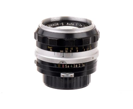 Nikkor Lenses: Nikkor-S f/1.4 50mm, black, serial no. 1249216, body, G, elements, VG, some very light internal haze, together