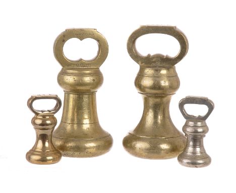 20th Century brass Named British Bell Weights: 7lb. Banfield, Hastings (1), 7lb. CIA with broad arrow (1), 1lb. Young and 1lb