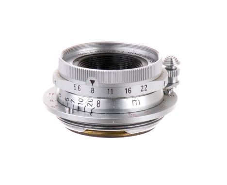 A Leitz Summaron f/5.6 28mm Lens, 1956, chrome, serial no. 1363495, body, VG, elements, VG, haze, in maker’s bubble