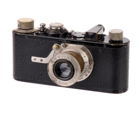 A Leica I Model A Rangefinder Camera, 1930, black, serial no. 49619, with Leitz Elmar f/3.5 50mm lens, nickel, body, F, shutt