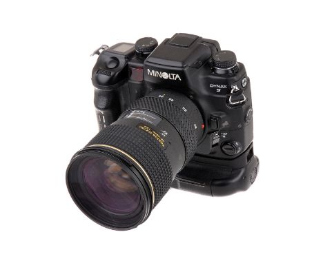 A Minolta Dynax 9 SLR Camera, black, serial no. 17903802, with Tokina AT-X Pro AF f/2.8 28-80mm lens, black, serial no. 65027