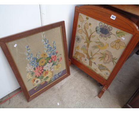 Walnut framed Fire screen with inset floral Tapestry and another Textile