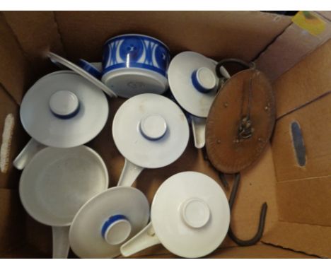 Set of Royal Worcester Blue & White soup bowls and a Vintage Brass Salter Scale