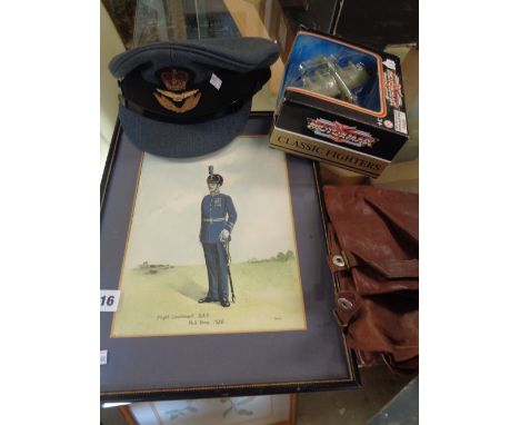 RAF Peaked cap, Pr. Of Lancaster Bomber gloves, Military print and a model plane